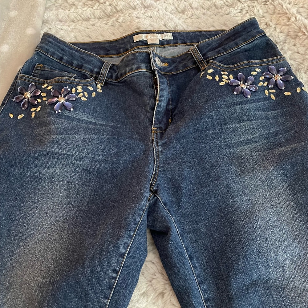 Soft denim w/ blue & clear crystals. Brand Boston People. Good condition